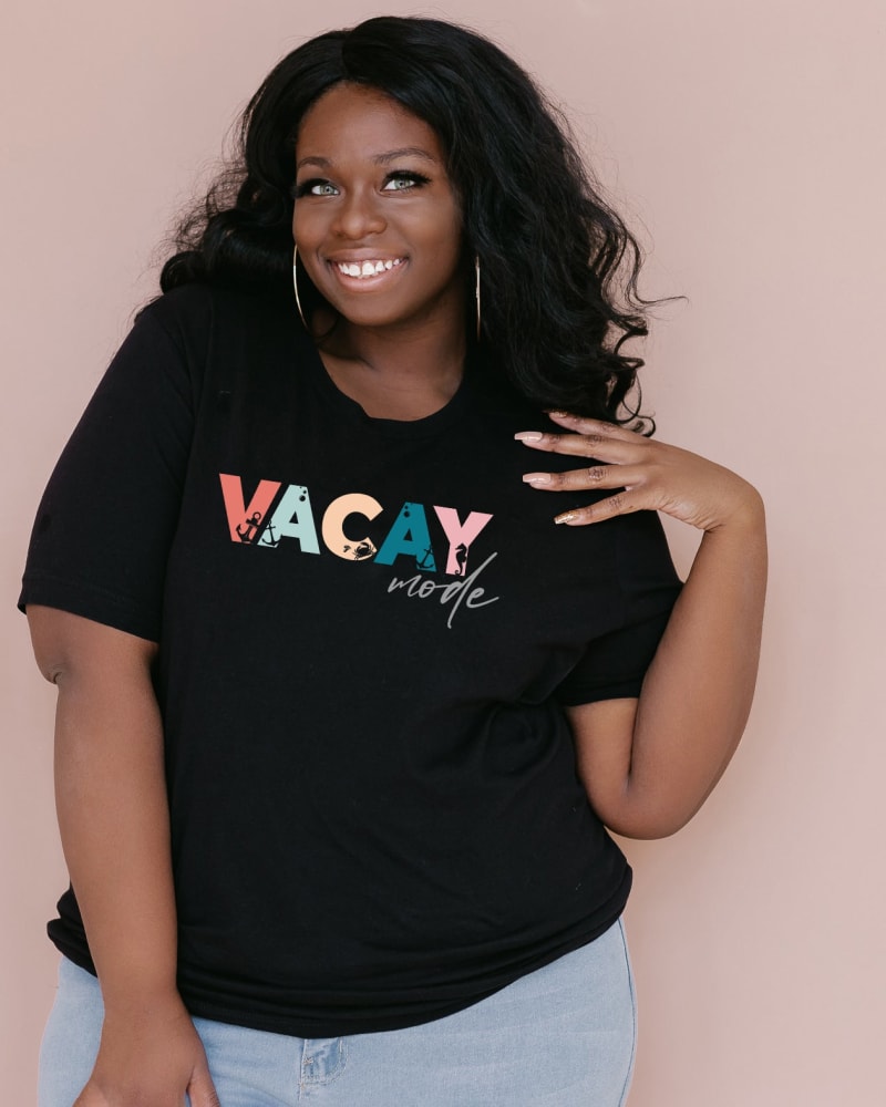 Front of a model wearing a size Large Vacay Mode Colorful in Black by Simply Sage Market. | dia_product_style_image_id:281447